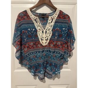 American Dream Womens Shirt‎ Top XS Floral Paisley Boho Design Blue Red Artsy